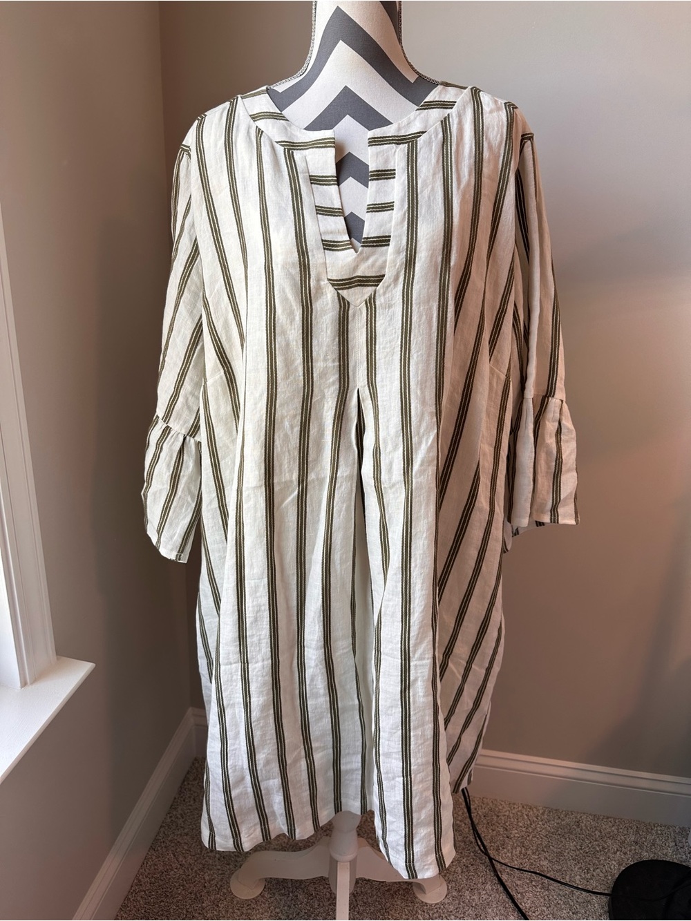 Soft Surroundings Rue Jussieu Dress 3XL Cream Green Striped Linen Cotton Pockets